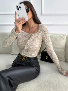 SHEIN Essnce Space Dye Asymmetrical Neck Crop Tee - Multicolor - View 4