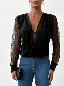 EURMUSE Contrast Dobby Mesh Sleeve Plunging Neck Blouse - Black - View 3