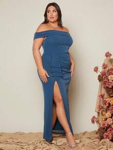 SHEIN Belle Hơn Off Shoulder Xù Tách đùi Váy sequin - Màu xanh hải quân - Xem 5