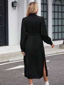 SHEIN LUNE 純色正面鈕扣繫帶襯衫洋裝 - 黑色 - 查看 2