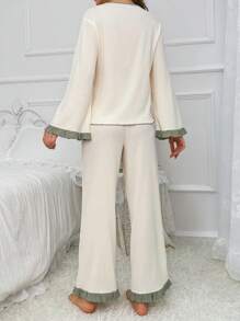 撞色荷叶边袖睡衣套装/睡衣套装，秋季服装 - 杏色 - 查看 2