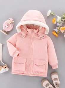 SHEIN Young Girl 1pc Flap Pocket Teddy Lined Hooded Padded Coat - Pink - View 4