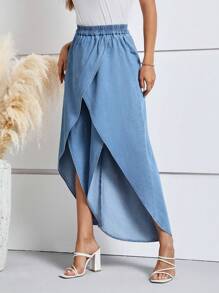 SHEIN LUNE Tulip Hem Wide Leg Jeans - Medium Wash - View 3