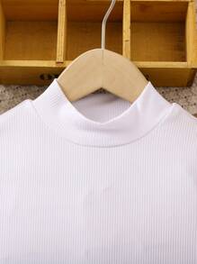 SHEIN Young Girl Solid Mock Neck Fuzzy Cuff Tee - White - View 4