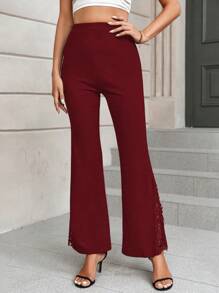 SHEIN Privé Contrast Lace Flare Leg Pants - Red - View 3