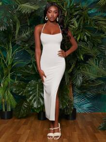 Travachic Vestido de tirantes de espalda abierta con cordón de muslo con abertura - Blanco - Ver 4