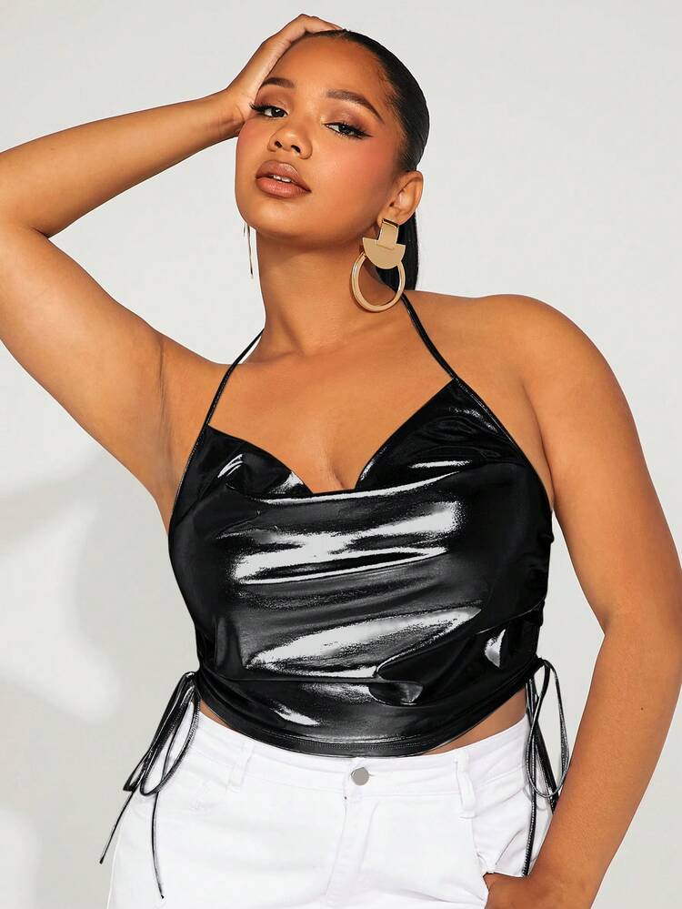 Plus Draped Collar Drawstring Side Tie Backless PU Leather Halter Top