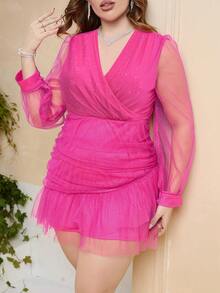 Double Crazy Plus Surplice Neck Ruched Ruffle Hem Mesh Dress - Hot Pink - View 4