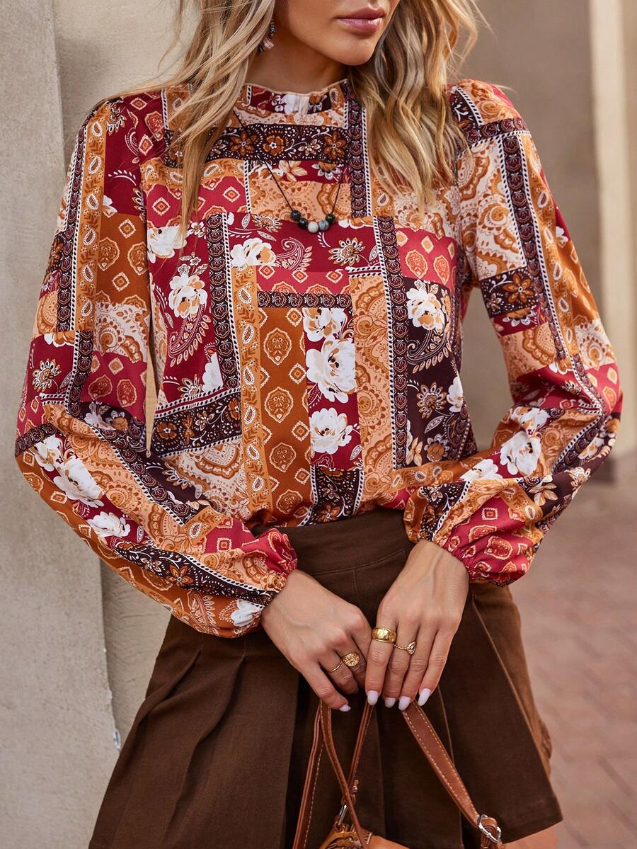 SHEIN LUNE Paisley Print Mock Neck Lantern Sleeve Blouse - Multicolor - View 1