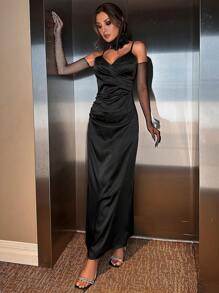 EURMUSE Women's Elegant Pleated Fitted Long Strap Dress, Suitable For Banquet And Party - Black - View 4