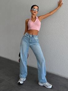 RueChic Slant Pocket Straight Leg Jeans - Baby Blue - View 6