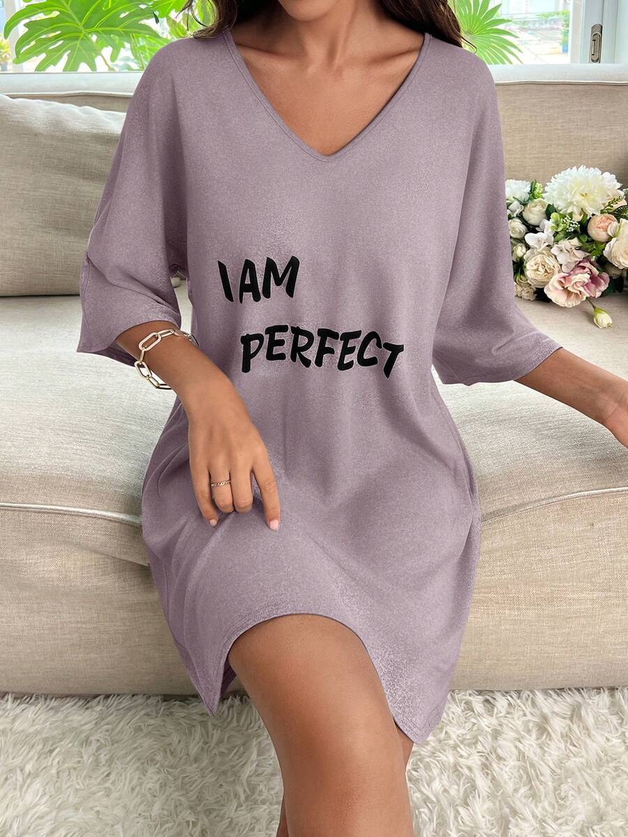 Váy ngủ tay cánh dơi họa tiết chữ cái - Bụi tím - Xem 1