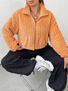 Flirla Plus Zip Up Drop Shoulder Crop Teddy Jacket - Orange - View 3