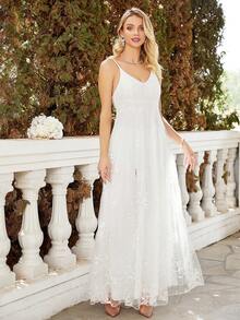 Split Thigh Lace Cami Bridal Dress - White - View 5