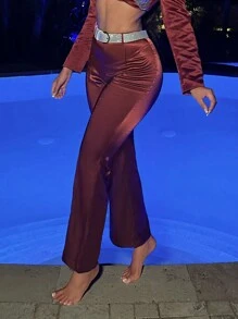 SHEIN SXY Quần ống loe lưng cao không kèm thắt lưng - Màu Đỏ Sâu - Xem 4