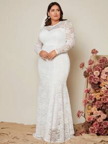 SHEIN Belle Plus Solid Lace Wedding Dress Without Veil - White - View 4
