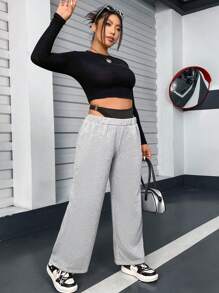 Flirla Plus Contrast 2 In 1 Waist Wide Leg Sweatpants Fall Cloth For Women - Grey - View 3