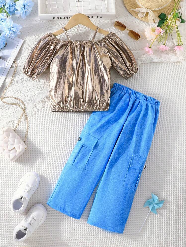 Young Girl Cold Shoulder Top & Flap Pocket Pants