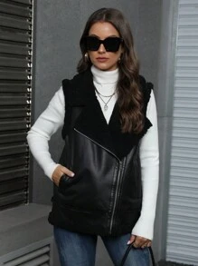 Women's Black Faux Fur Leather Sleeveless Moto Jacket, Autumn/Winter - Black - View 1