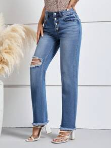 SHEIN LUNE Button Fly Ripped Raw Hem Straight Leg Jeans - Medium Wash - View 3