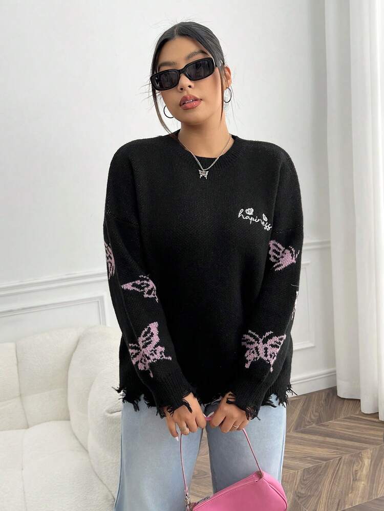 Plus Skeleton Pattern Drop Shoulder Distressed Sweater