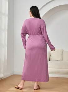 Mulvari 大碼棉素色V領繫腰帶洋裝 - 紫色 - 查看 2