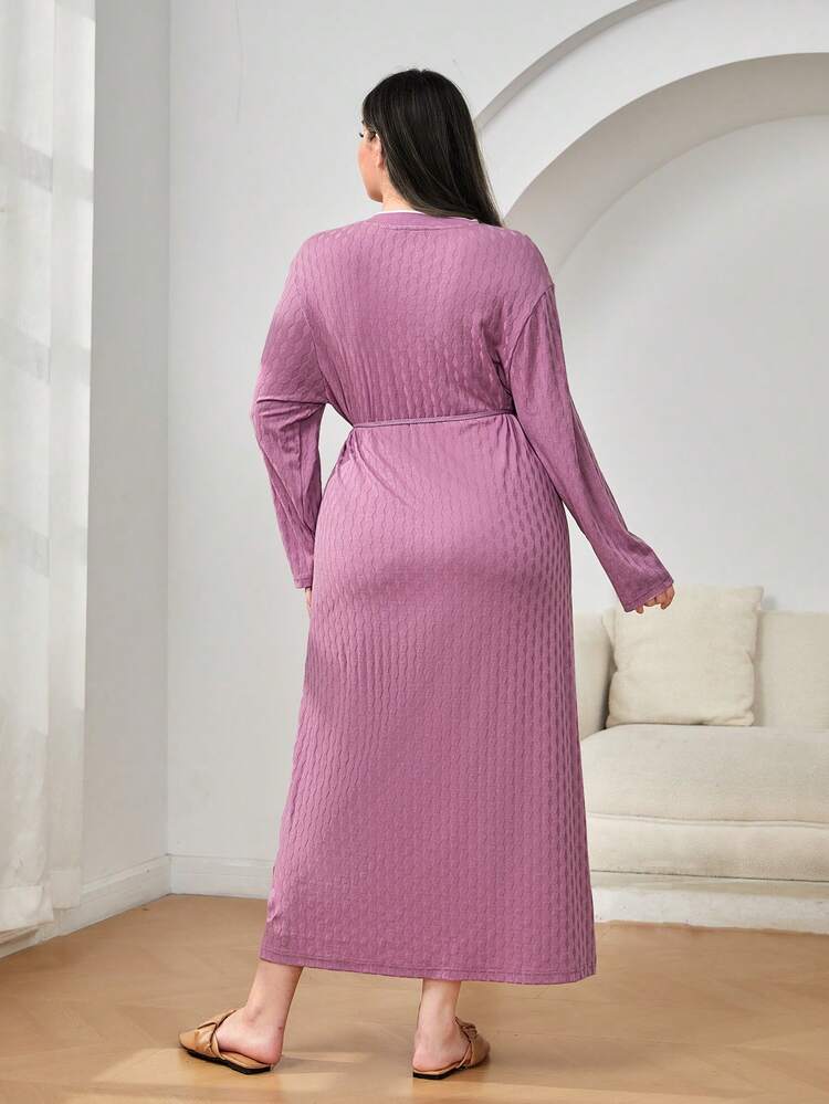 Plus Cotton Solid V Neck Belted Dress
