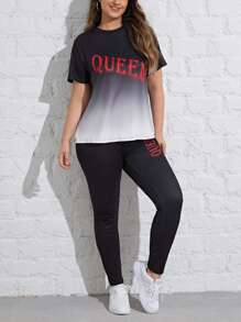 Flirla Plus Letter Graphic Áo phông & quần legging ombre - Đen và trắng - Xem 3