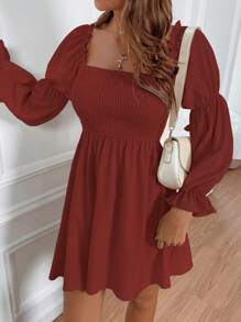 SHEIN Frenchy 方領喇叭袖洋裝 - 橘色 - 查看 6