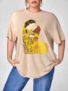 Wotto Plus Figure Graphic Drop Shoulder Tee - Apricot - View 1