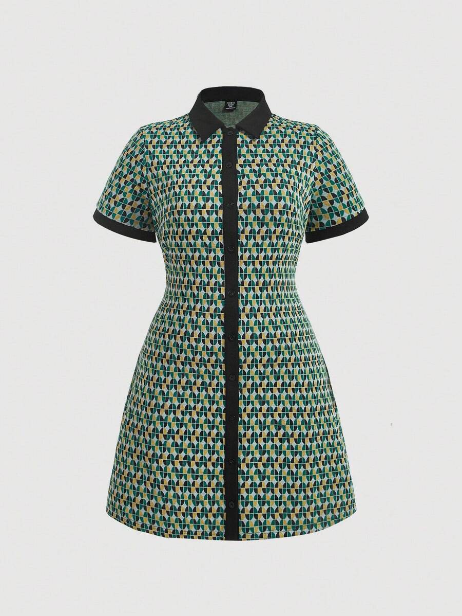 SHEIN MOD Plus Allover Print Contrast Trim Button Front Shirt Dress - Green - View 1