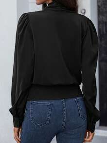 SHEIN Clasi Solid Surplice Front Bishop Sleeve Blouse - Black - View 2