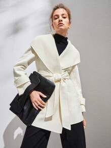 Anewsta Waterfall Collar Belted Overcoat - White - View 3