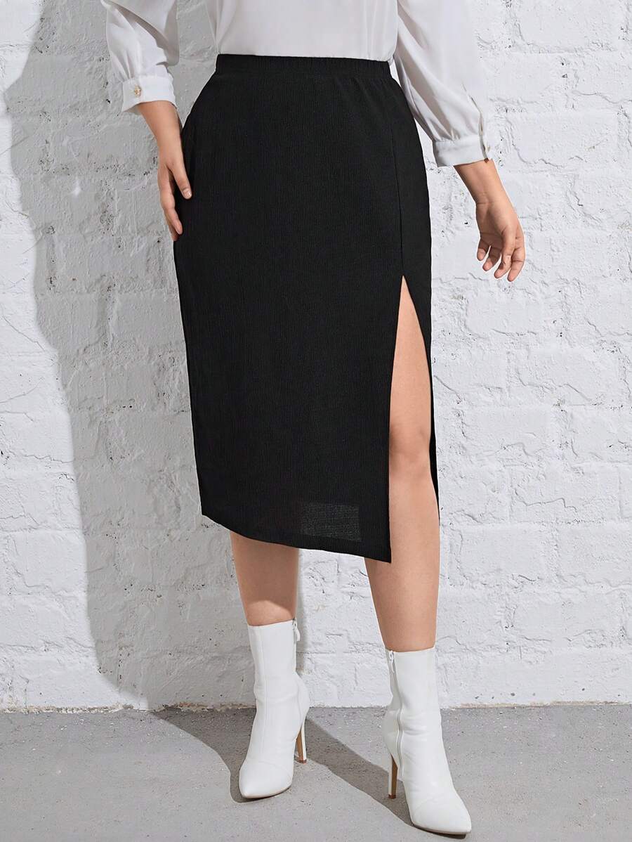 SHEIN Privé Hơn Chất rắn Tách đùi Váy - màu đen - Xem 1