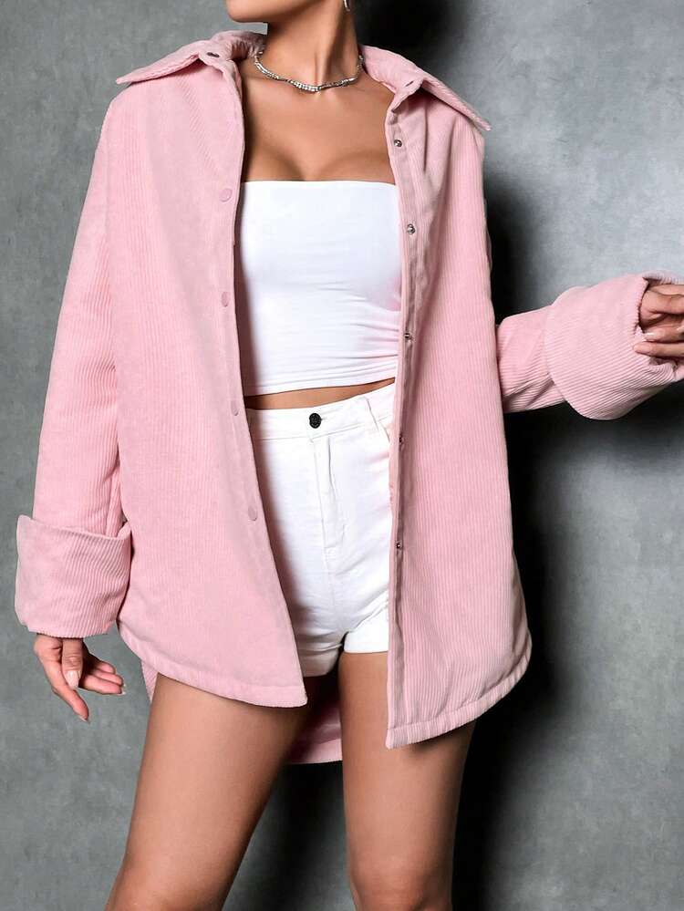 Drop Shoulder Button Front Corduroy Padded Coat Clothes Winter