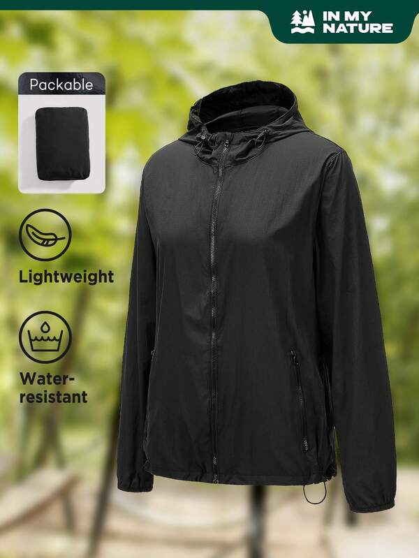 In My Nature 女士防水皮膚夾克,長袖,輕便,適用於戶外運動,遠足,城市通勤,帶收納功能