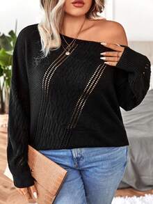 Calvaya Plus Pointelle Knit Drop Shoulder Sweater - Black - View 6