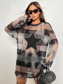 SHEIN ICON Y2k風格grunde仿嬉皮星星印花下垂肩連衣裙,無需內衣 - 彩色 - 查看 2