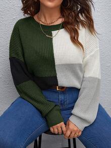 SHEIN LUNE 大碼撞色落肩袖套頭毛衣 - 彩色 - 查看 4