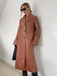 SHEIN Privé Áo khoác da PU có thắt lưng có tay loe - Cà phê nâu - Xem 4