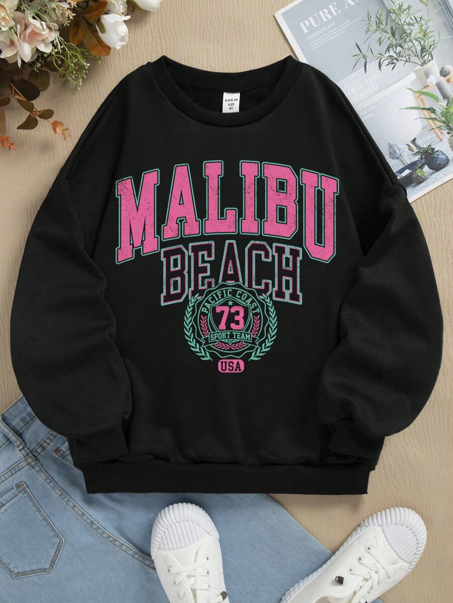 SHEIN Leap Crew Áo nỉ chui đầu họa tiết chữ cổ tròn rộng rãi thoải mái cho bé gái tuổi teen, phù hợp cho mùa thu/đông - màu đen - Xem 1