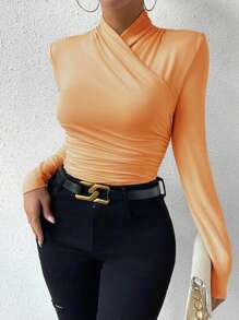 Chiquease 素色褶邊交叉圍裹T恤 - 橘色 - 查看 5