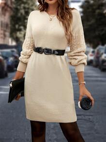 SHEIN Clasi Váy len tay áo đèn lồng không có thắt lưng - Màu be - Xem 6