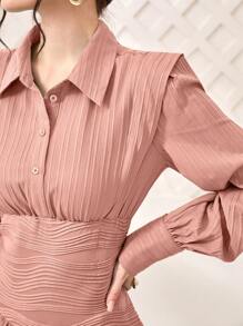 Modelyn Solid Ruched Waist Shirt Dress - Pink - View 6