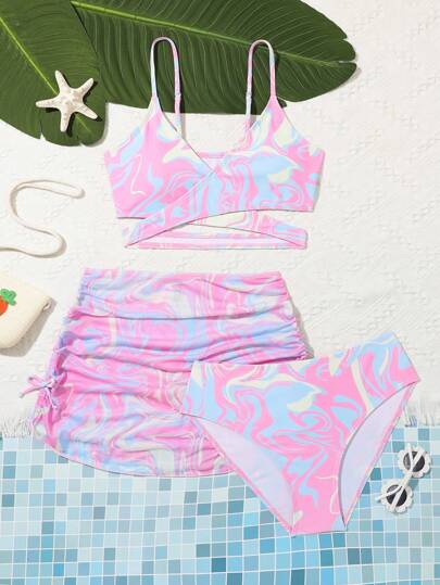 Sparklyn Teen Girls Allover Print Wrap Bikini Set With Beach Skirt Summer Beach Summer Holiday
