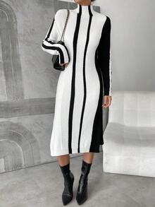 SHEIN Frenchy Striped Pattern Split Thigh Sweater Dress Without Belt - Black and White - View 3