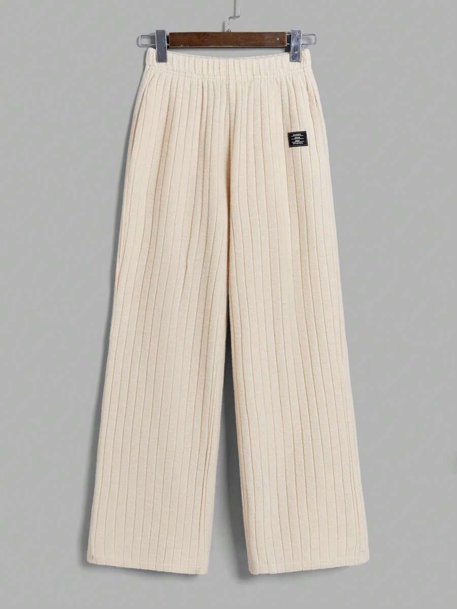 SHEIN EZwear Letter Patched Detail Wide Leg Pants - Beige - View 1