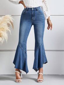 SHEIN LUNE Asymmetrical Raw Hem Flare Leg Jeans