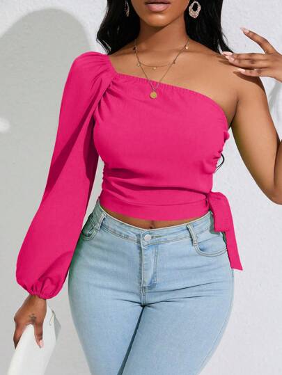 BamGleam One Shoulder Lantern Sleeve Knot Side Crop Blouse,Long Sleeve Tops Fall Cloth For Women