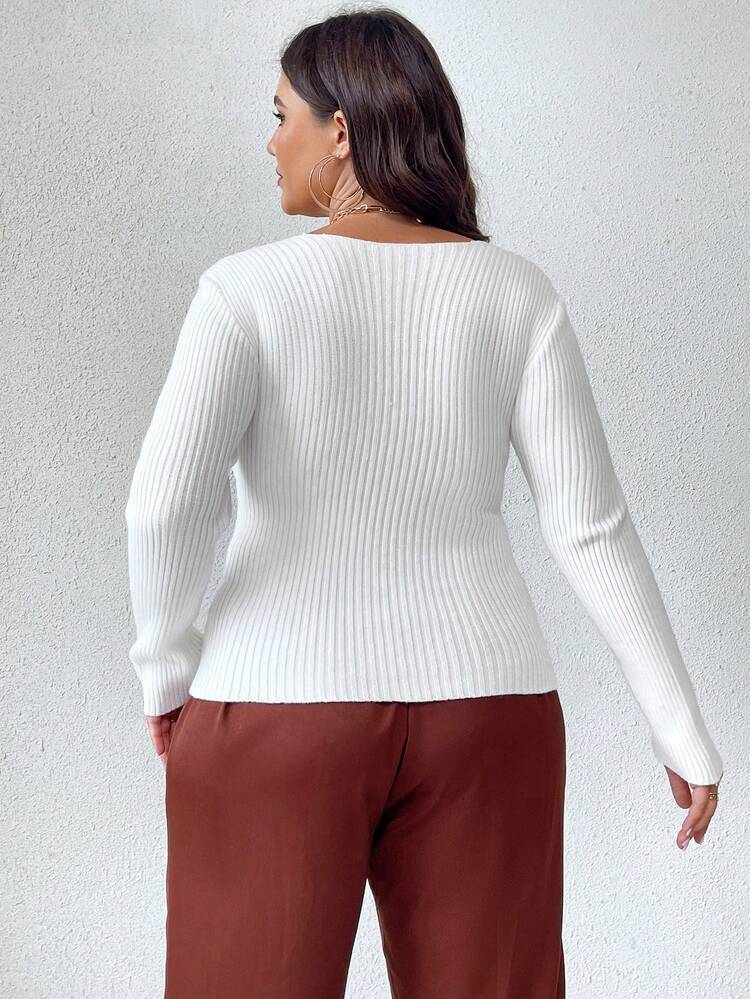 Plus Twist Front Sweetheart Neck Ribbed Knit Tee Knit Pullover Fall Winter Sweater